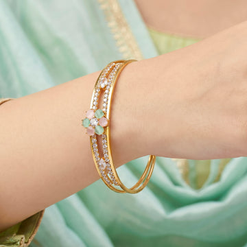 PRAO Bracelet Anti-Tarnish Open-Frame Crystal Bridge Floral Bangle (Adjustable Size)