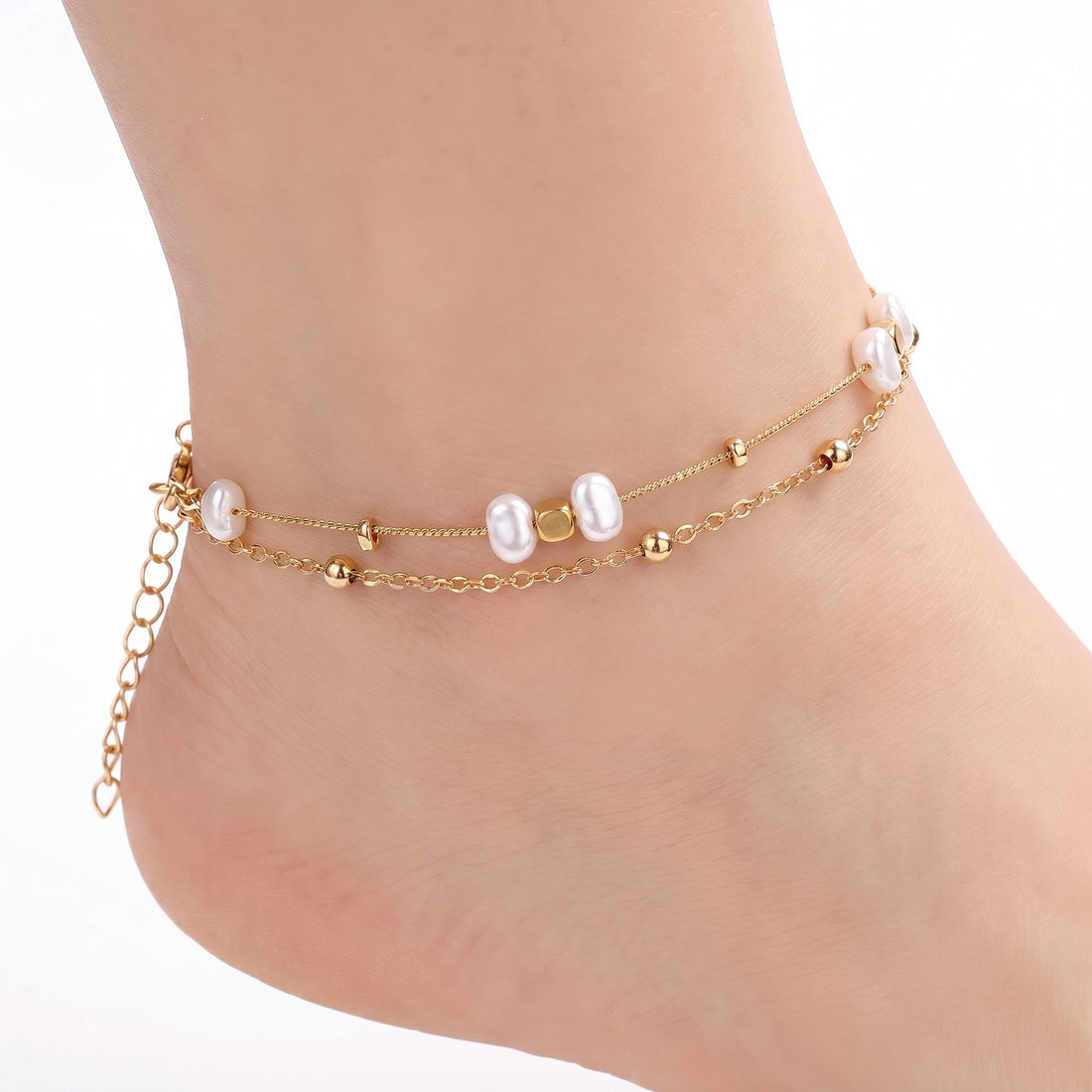 PRAO Anklet Anti-Tarnish Double-Strand With Baroque Pearls And Metallic Beads