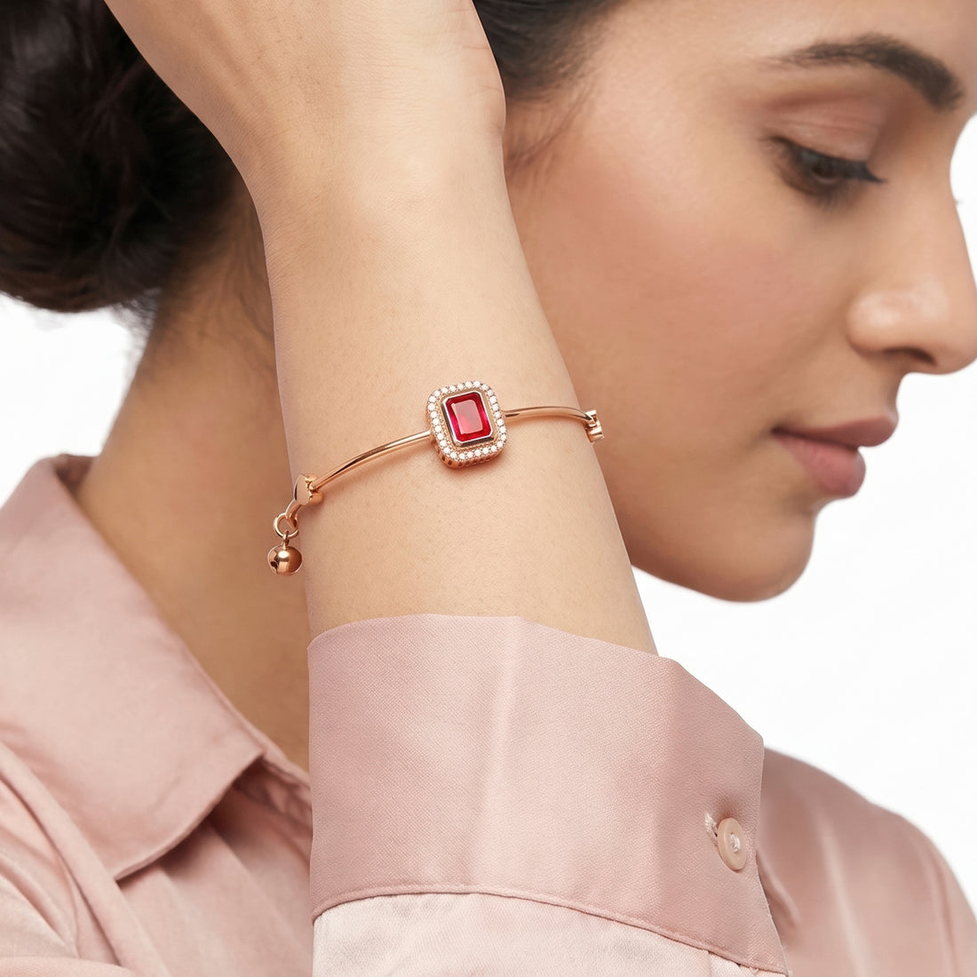 PRAO Bracelet Anti-Tarnish Ruby Red Crystal Halo (Adjustable Size)