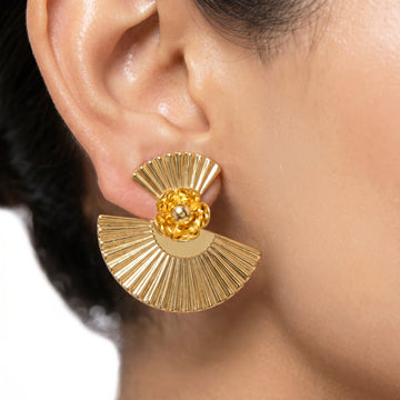 PRAO Earrings Anti-Tarnish Art Deco Fan Statement With Floral Accent