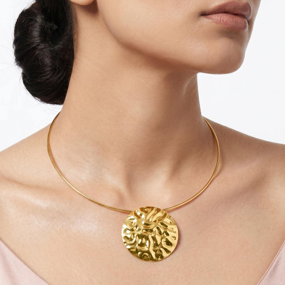 PRAO Necklace Anti-Tarnish Hammered Coin Gold-Plated Hasli Pendant