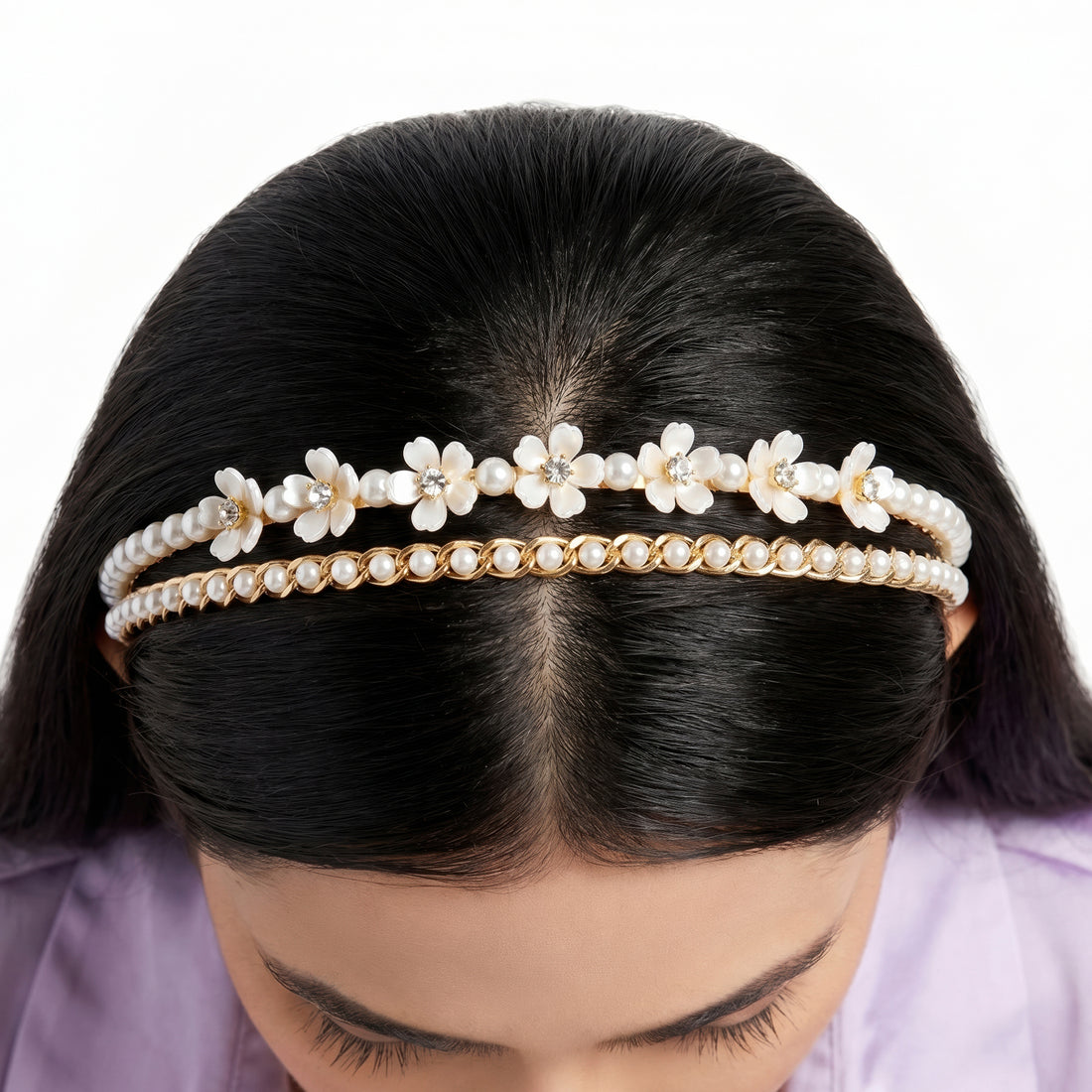 PRAO Hairband Anti-Tarnish Double Line Pearl Floral
