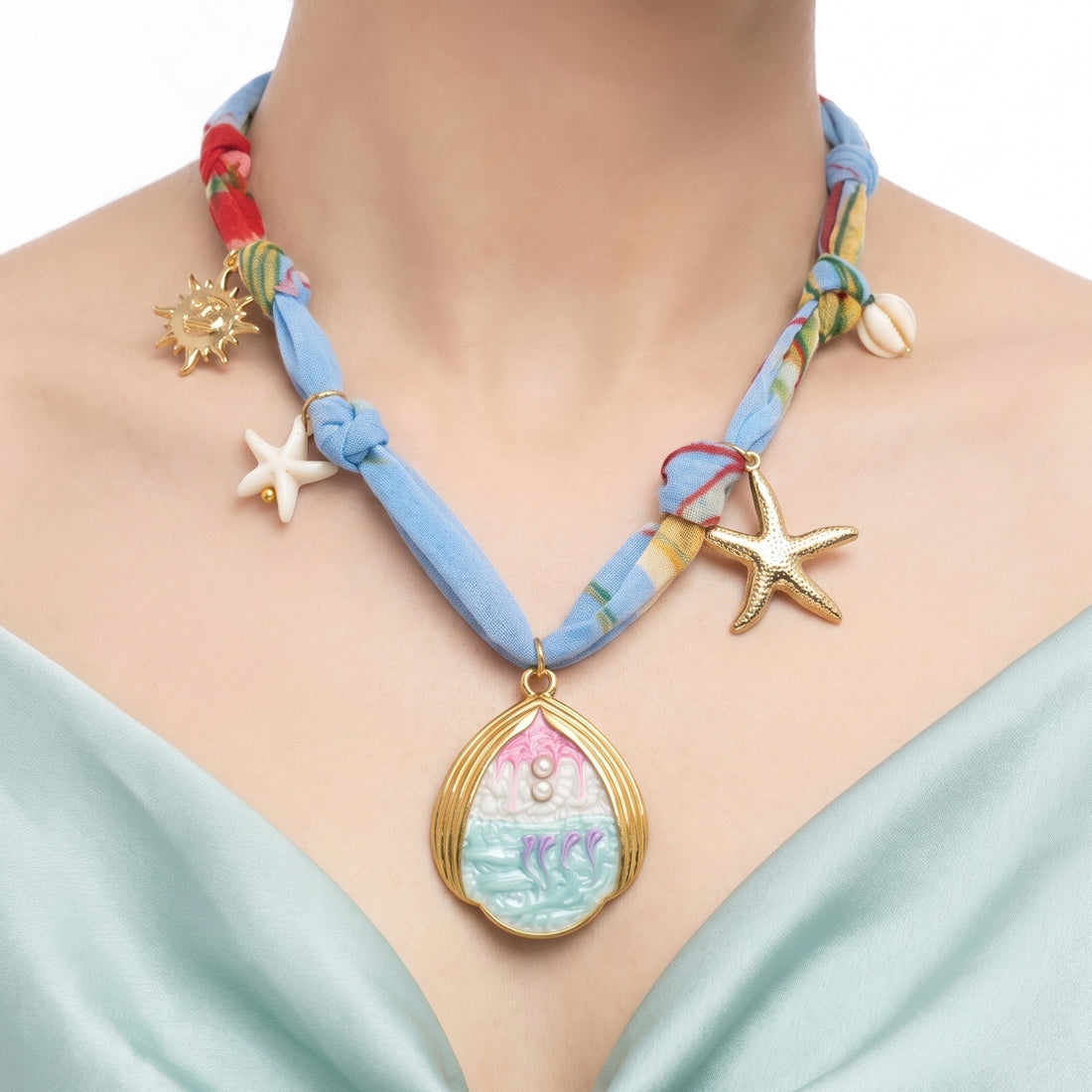 PRAO Necklace Anti-Tarnish Blue Fabric Ocean Teardrop