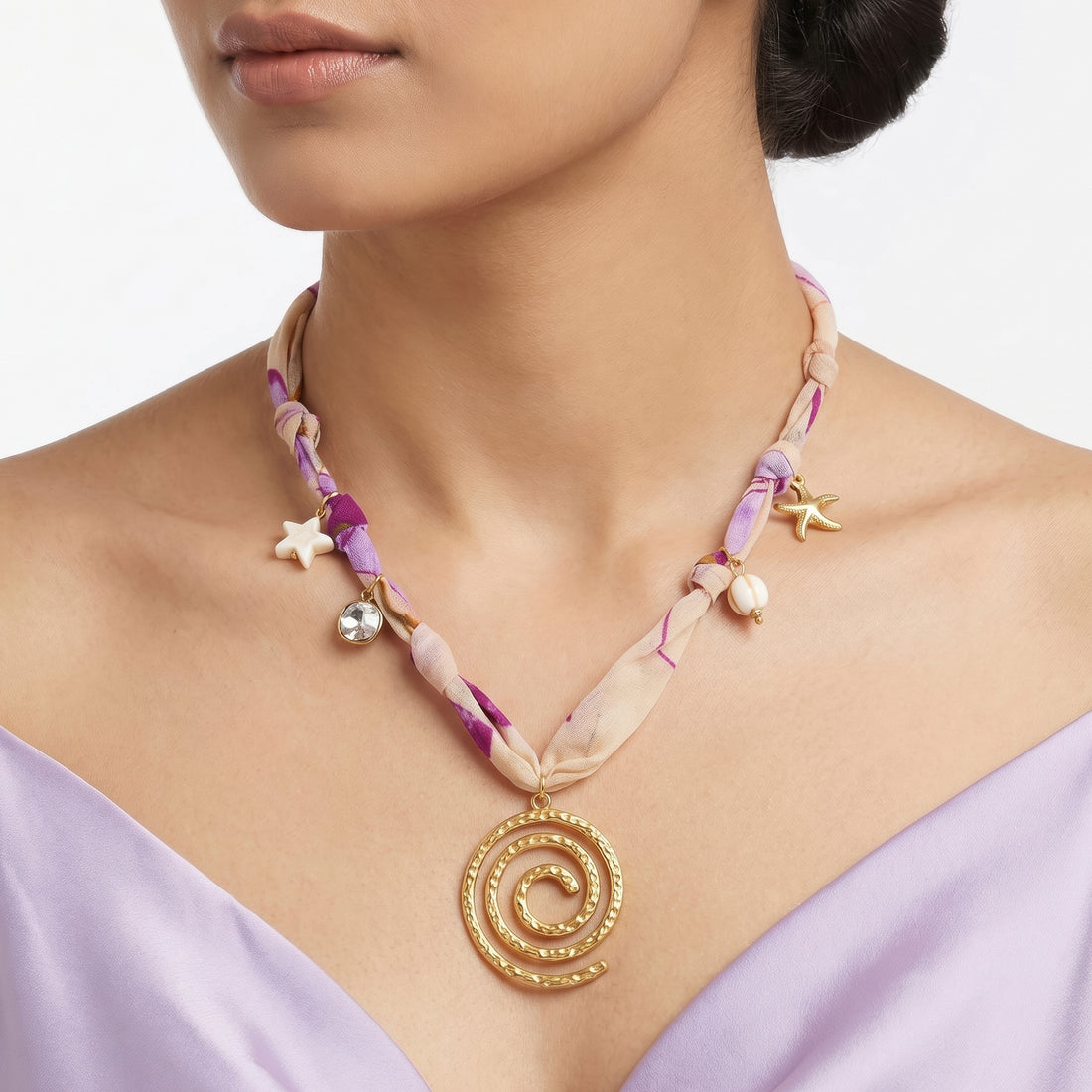 PRAO Necklace Anti-Tarnish Purple Beige Fabric Ocean Charm
