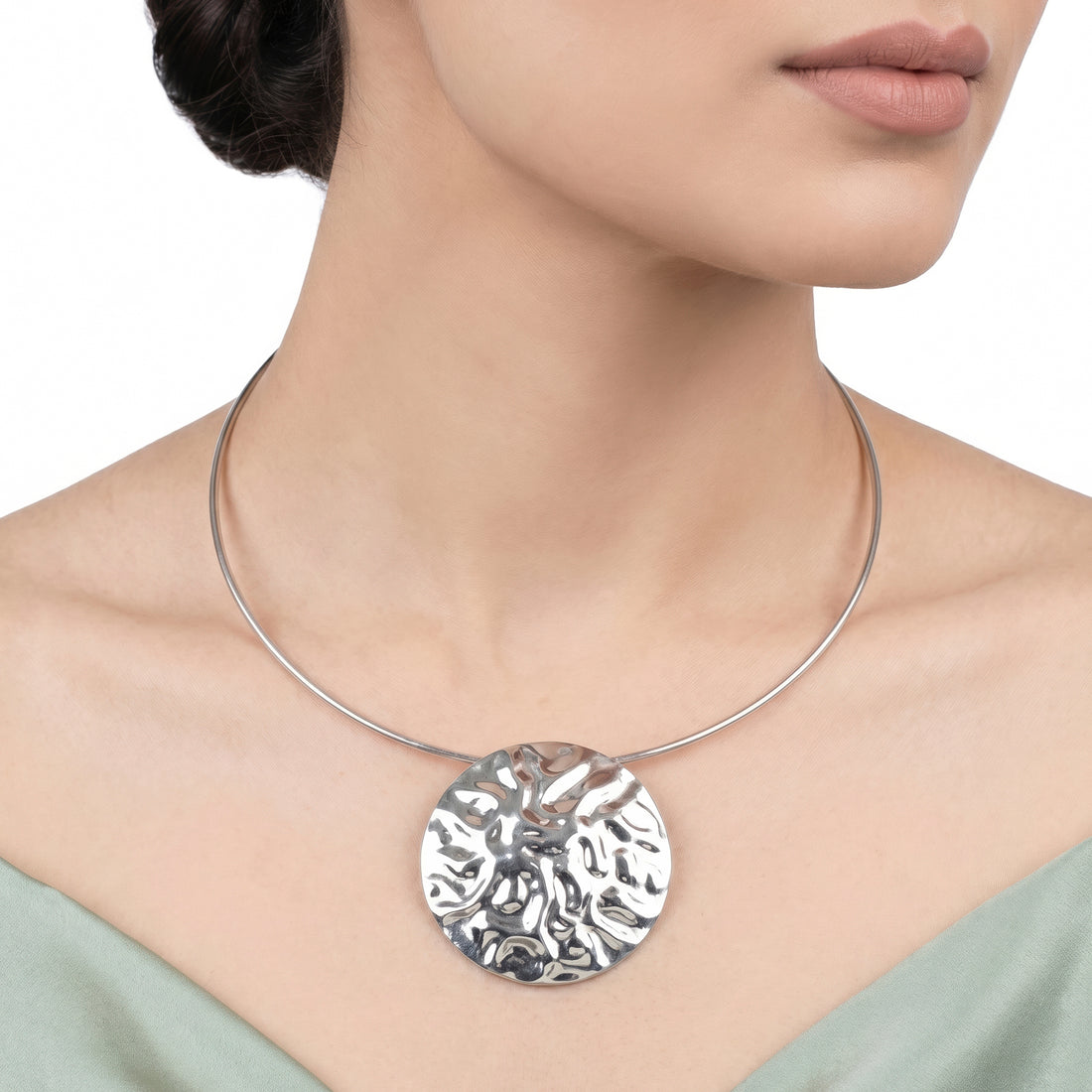 PRAO Necklace Anti-Tarnish Hammered Coin Silver-Plated Hasli Pendant