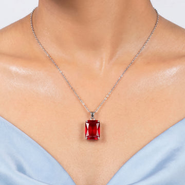 PRAO Necklace Anti-Tarnish Ruby Red Emerald-Cut Pendant