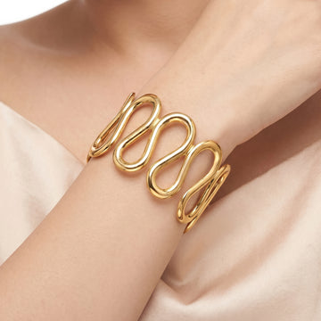 PRAO Bracelet Anti-Tarnish Wavy Openwork Statement Cuff (Adjustable Size)