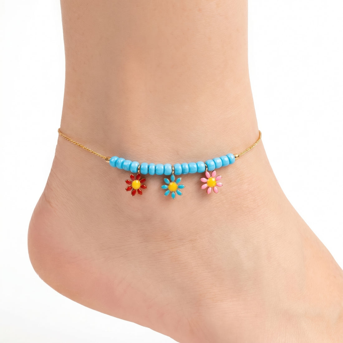 PRAO Anklet Anti-Tarnish Turquoise Blue Beads And Colorful Enamel Daisy Charms