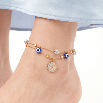 PRAO Anklet Anti-Tarnish Evil Eye Bead & Crystal Charm