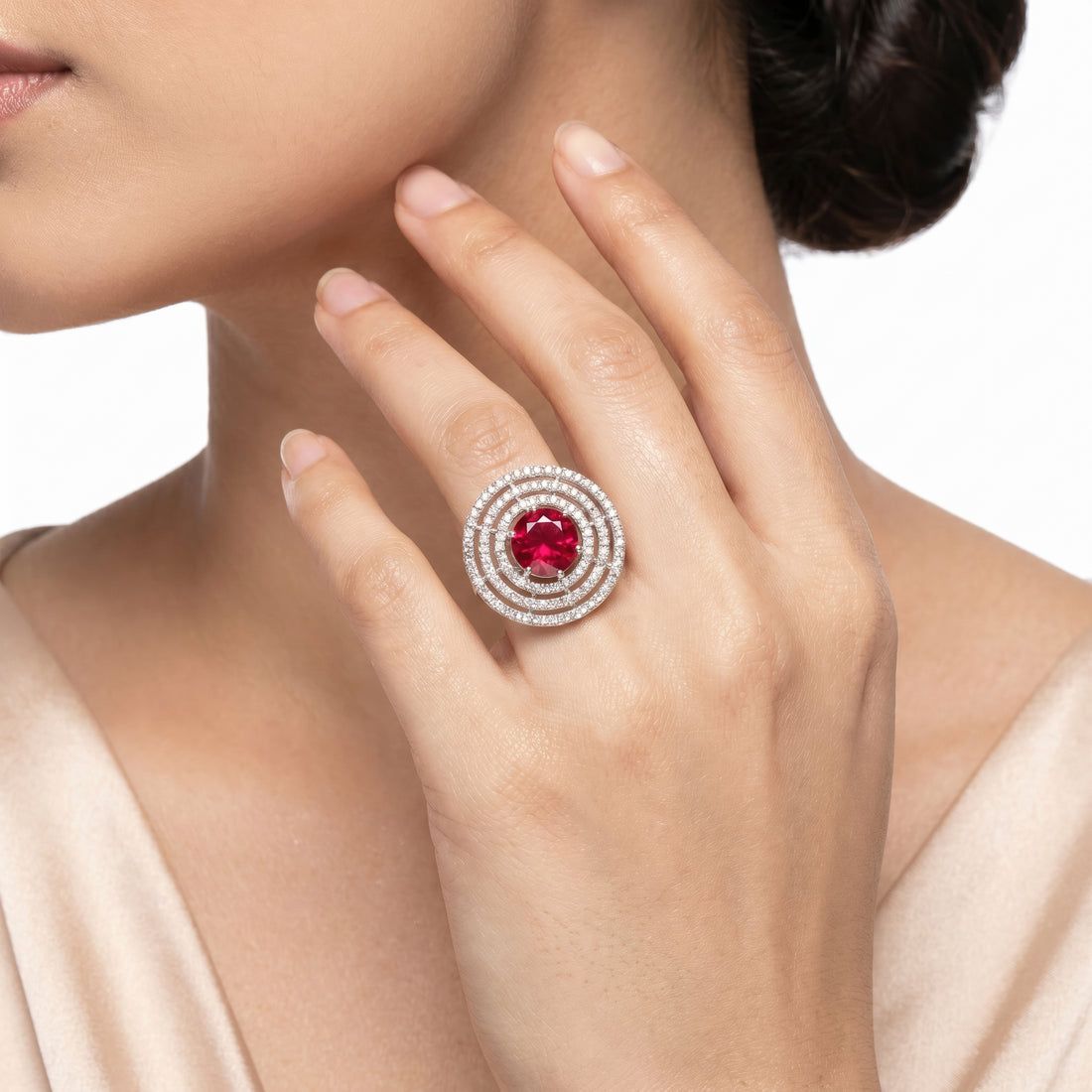 PRAO Ring Anti-Tarnish Ruby Halo Crystal (Adjustable Size)