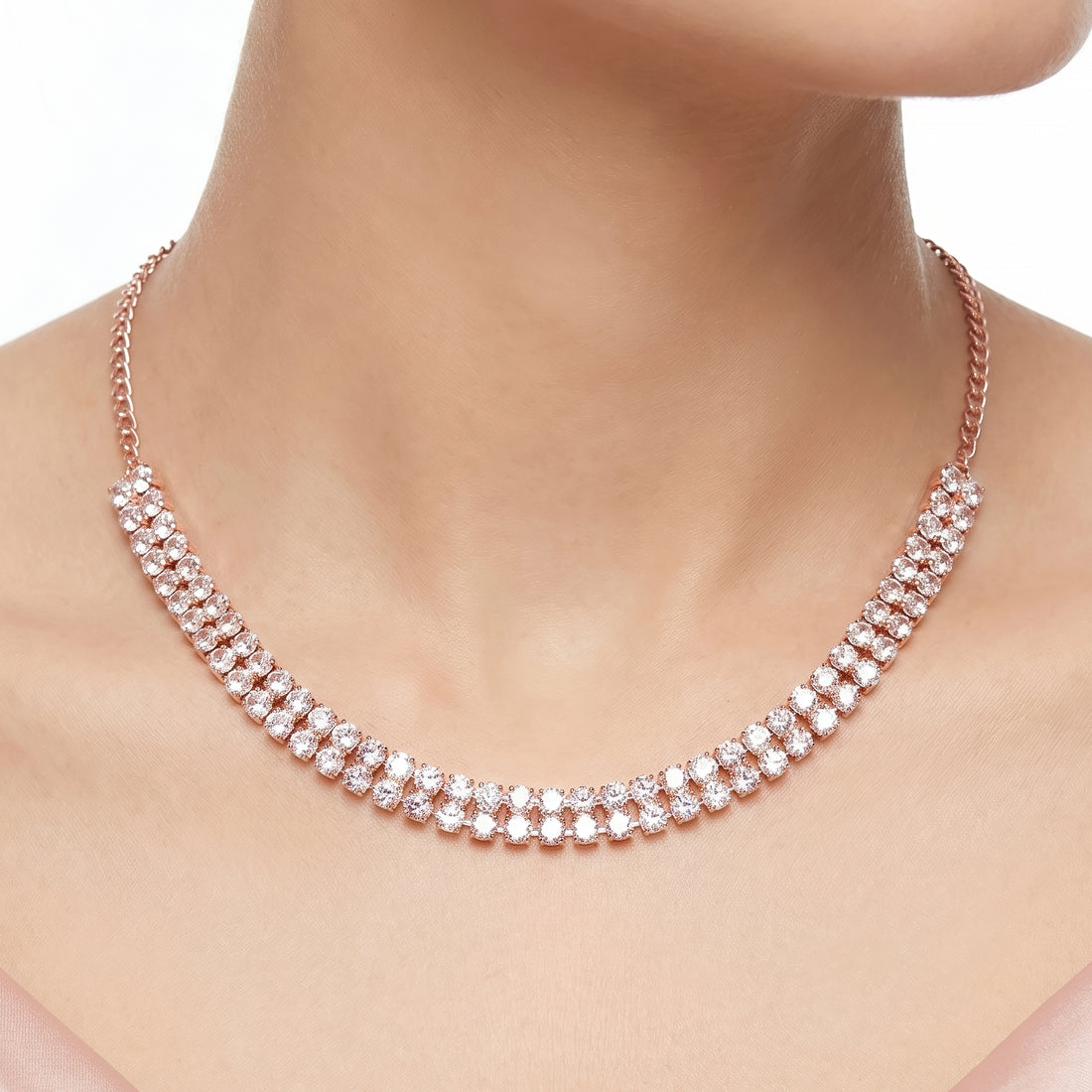 PRAO Necklace Anti-Tarnish Double-Row Rhinestone Set With Earrings