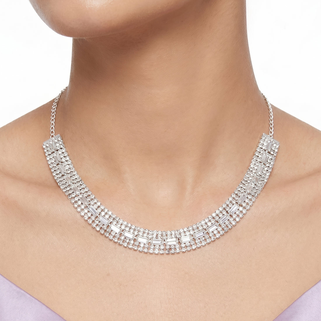 PRAO Necklace Anti-Tarnish Baguette Crystal Multi-Row Choker