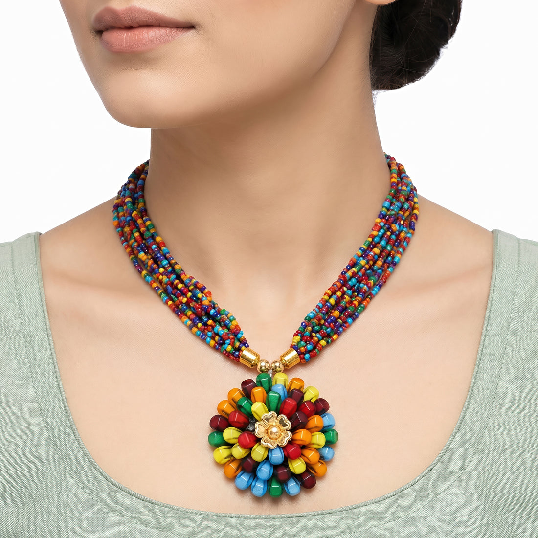 PRAO Necklace Anti-Tarnish Floral Pendant Beaded Set With Earrings