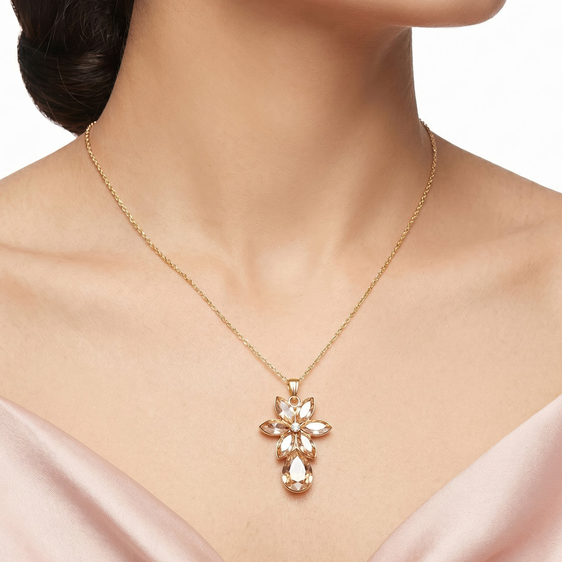 PRAO Necklace Anti-Tarnish Floral Crystal With Teardrop Pendant Set With Earrings