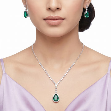 PRAO Necklace Anti-Tarnish Green Faux Emerald Set With Earrings