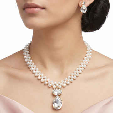 PRAO Necklace Anti-Tarnish Three-Strand Pearl Crystal Set With Earrings