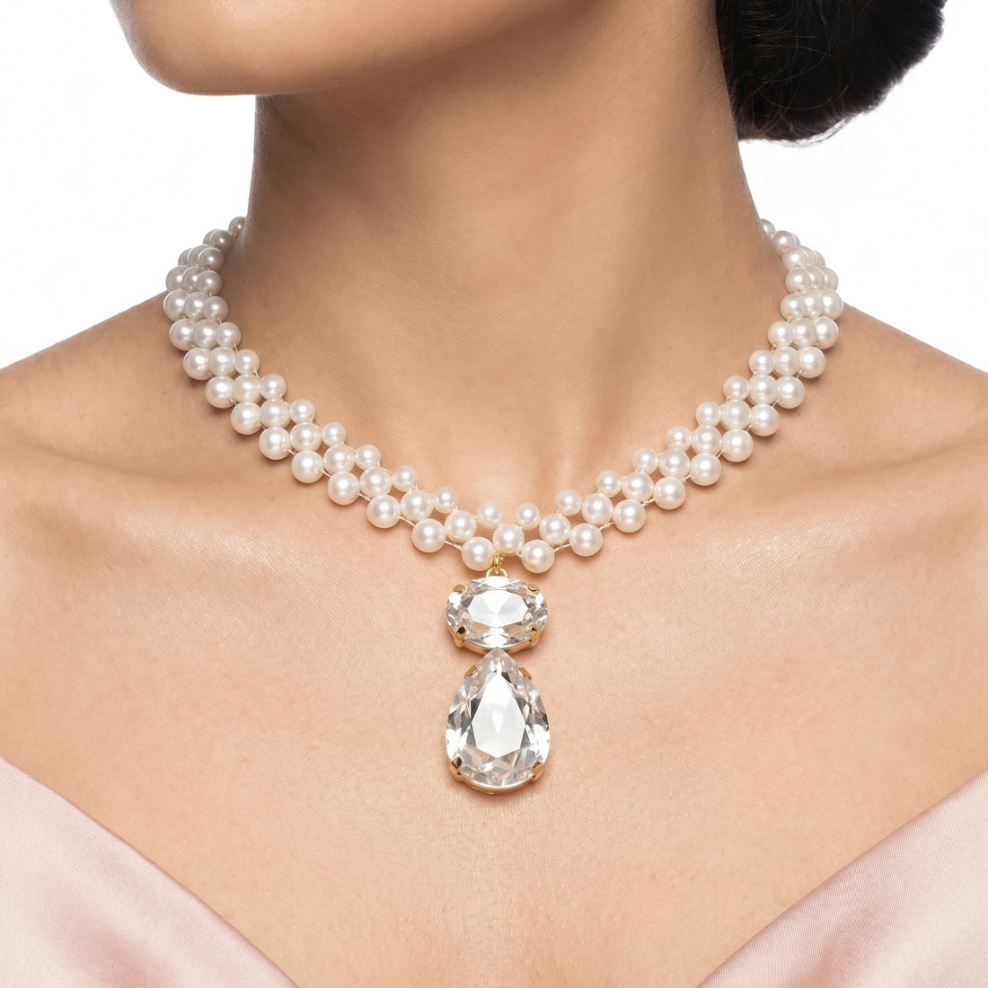 PRAO Necklace Anti-Tarnish Three-Strand Pearl Crystal Set With Earrings