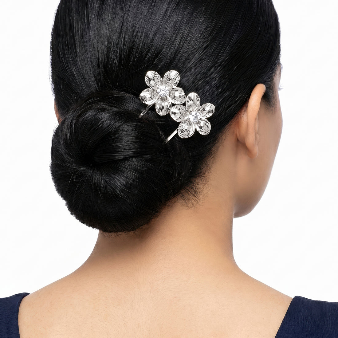 PRAO Hair Pin Anti-Tarnish Floral Pin Pair Textured Petals Rhinestone Center