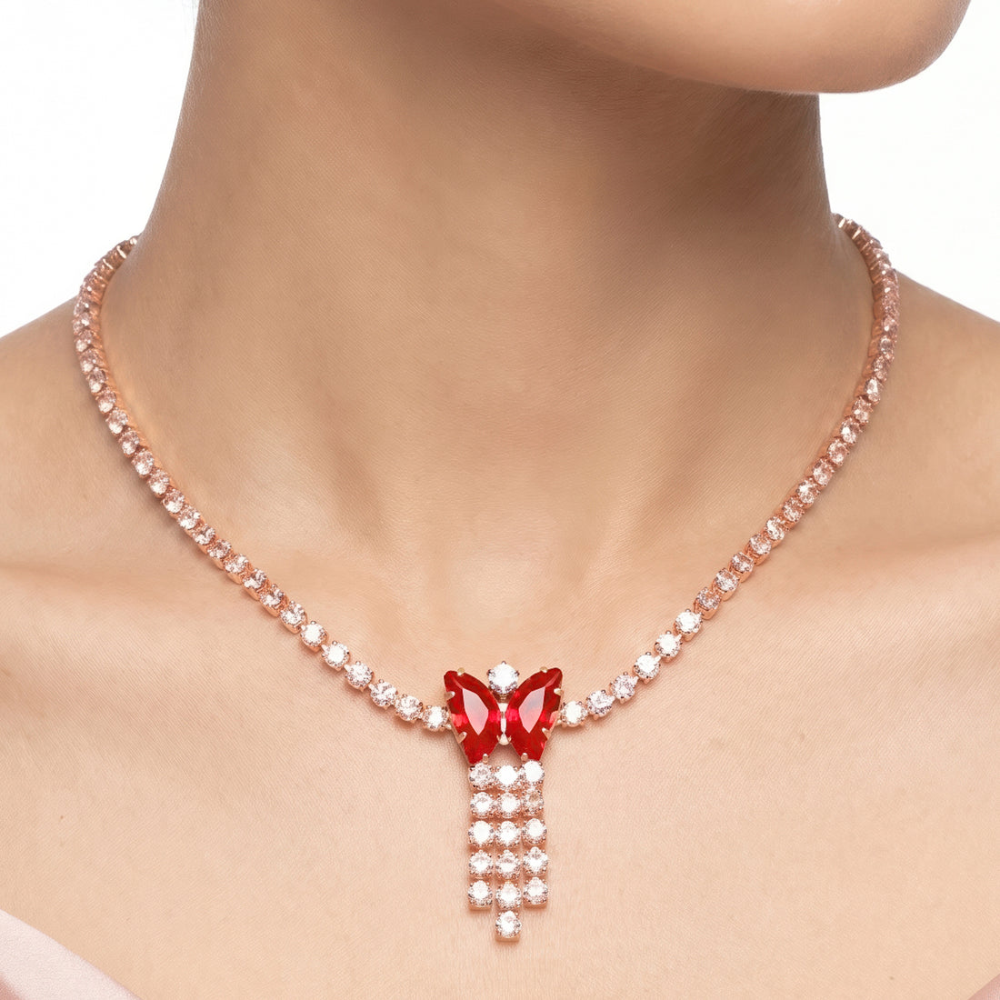 PRAO Necklace Anti-Tarnish Red Butterfly Rhinestone Set With Earrings