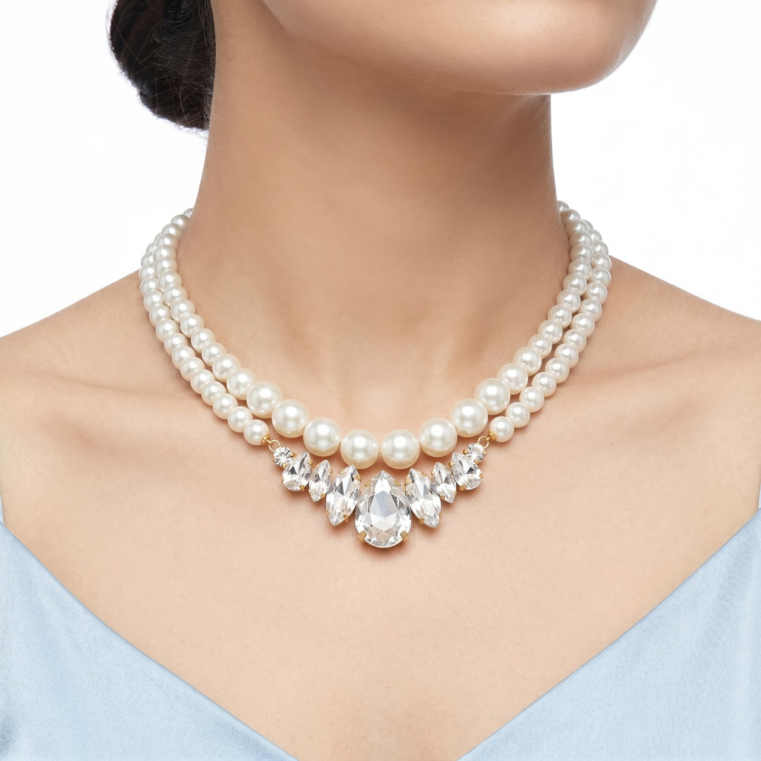 PRAO Necklace Anti-Tarnish Double-Strand Pearl With Teardrop Crystal Pendant Set With Earrings