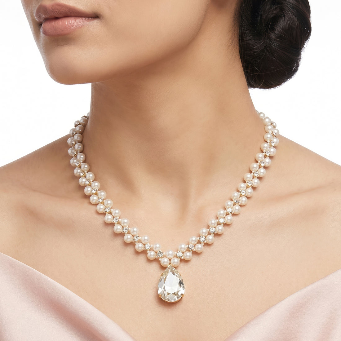 PRAO Necklace Anti-Tarnish Crystal Pearl Teardrop Set With Earrings
