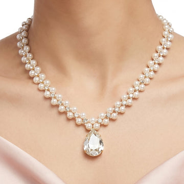 PRAO Necklace Anti-Tarnish Crystal Pearl Teardrop Set With Earrings