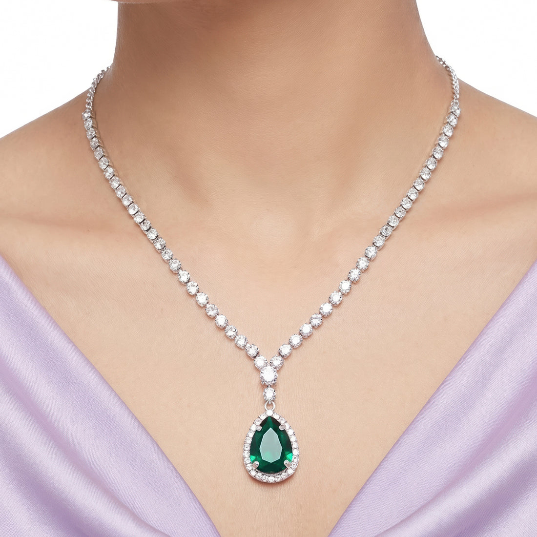 PRAO Necklace Anti-Tarnish Green Faux Emerald Set With Earrings