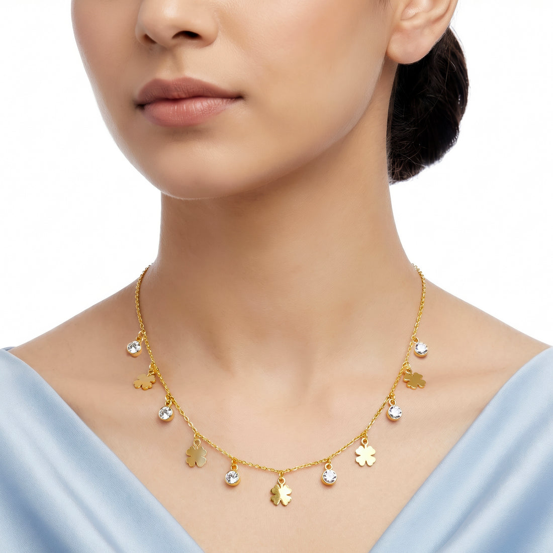 PRAO Necklace Anti-Tarnish Minimalist Clover Charm Necklace With Crystal Drop Accents