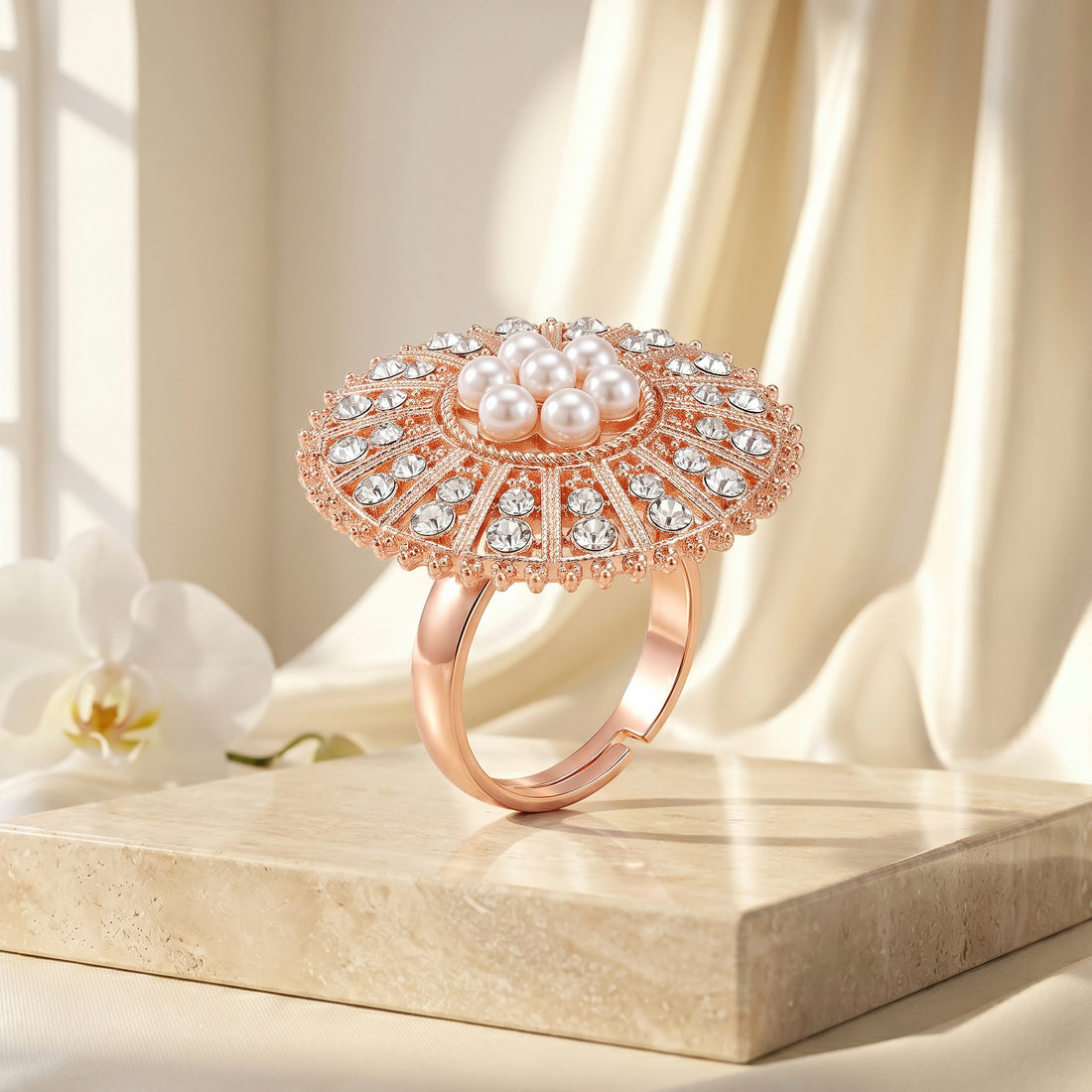 PRAO Ring Anti-Tarnish Pearl Sunburst Floral (Adjustable Size)