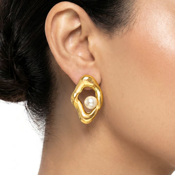 PRAO Earrings Anti-Tarnish Organic Shape Mini Stud with Faux Pearl