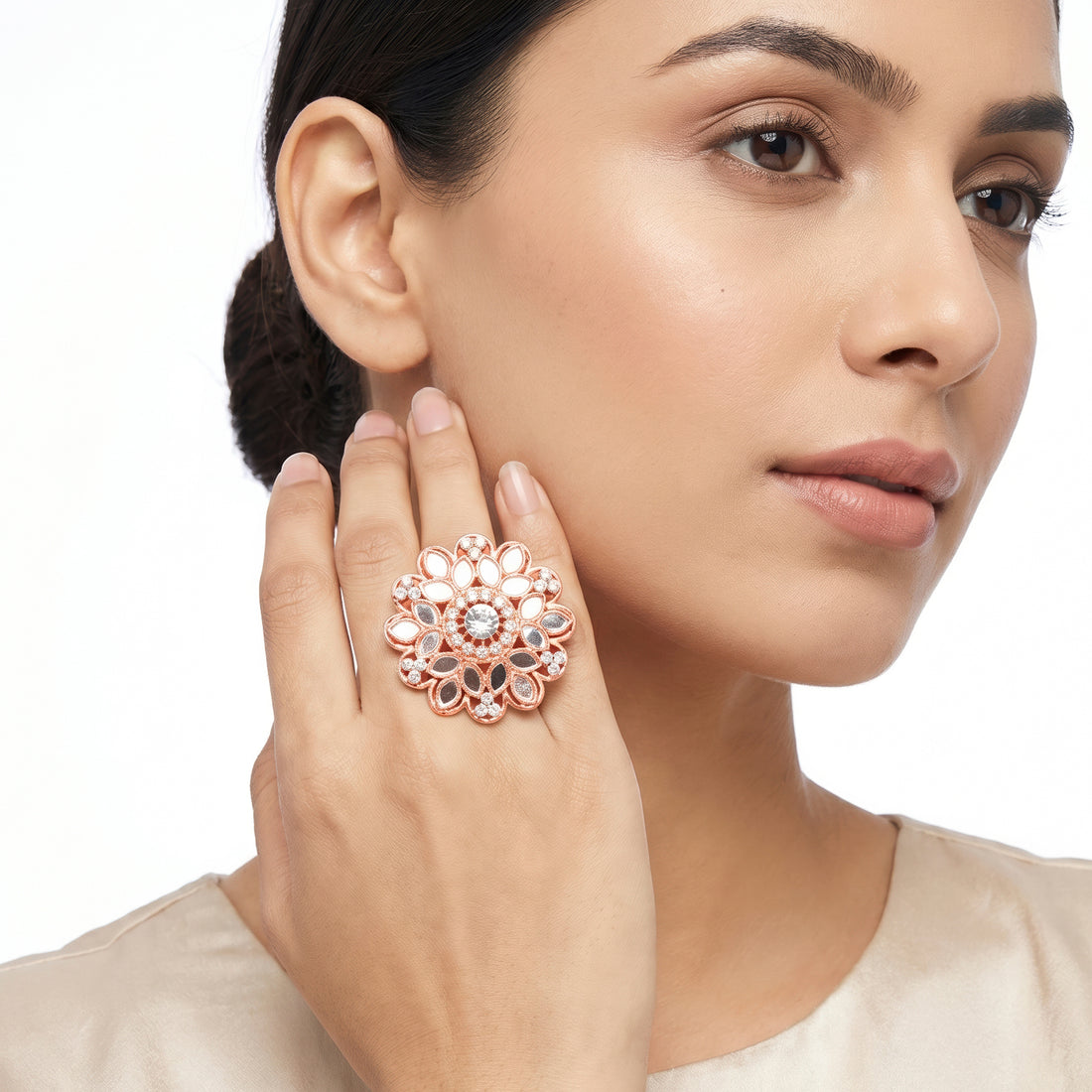 PRAO Ring Anti-Tarnish Tiered Floral Crystal (Adjustable Size)