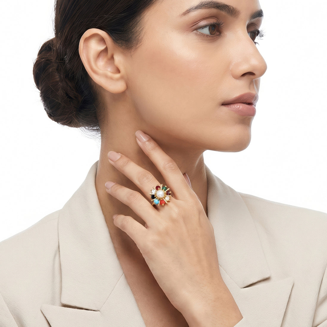 PRAO Ring Anti-Tarnish Multicolor Floral Pearl (Adjustable Size)