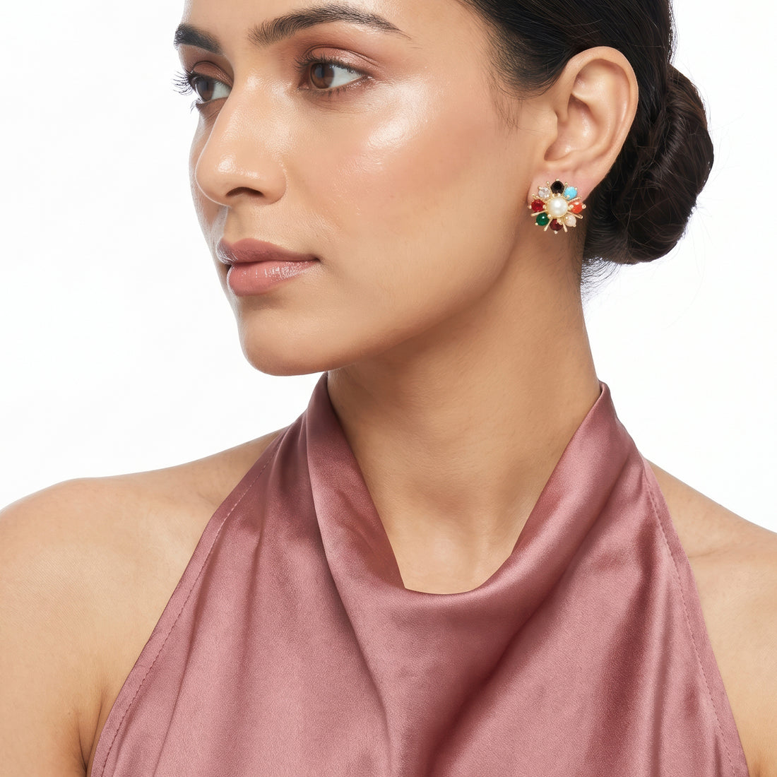 PRAO Earrings Anti-Tarnish Multicolor Floral Pearl Studs