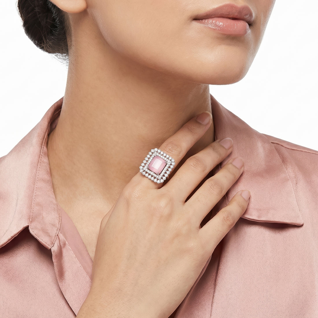 PRAO Ring Anti-Tarnish Pink Crystal Square (Adjustable Size)