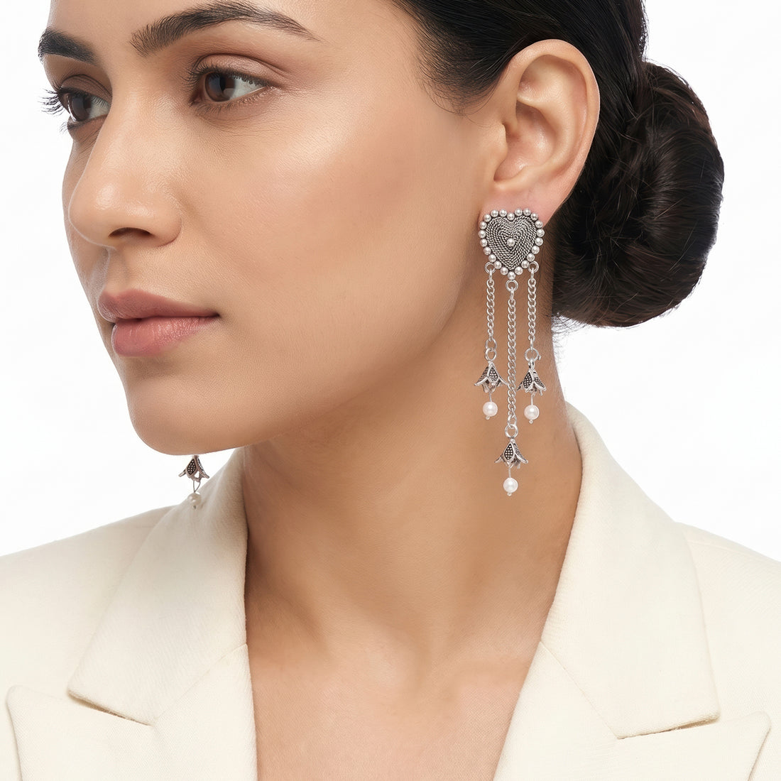 PRAO Earrings Anti-Tarnish Oxidised Heart Pearl Dangles