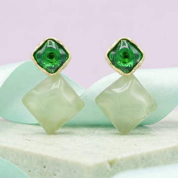 PRAO Earrings Anti-Tarnish Emerald Resin And Mint Geometric Drop