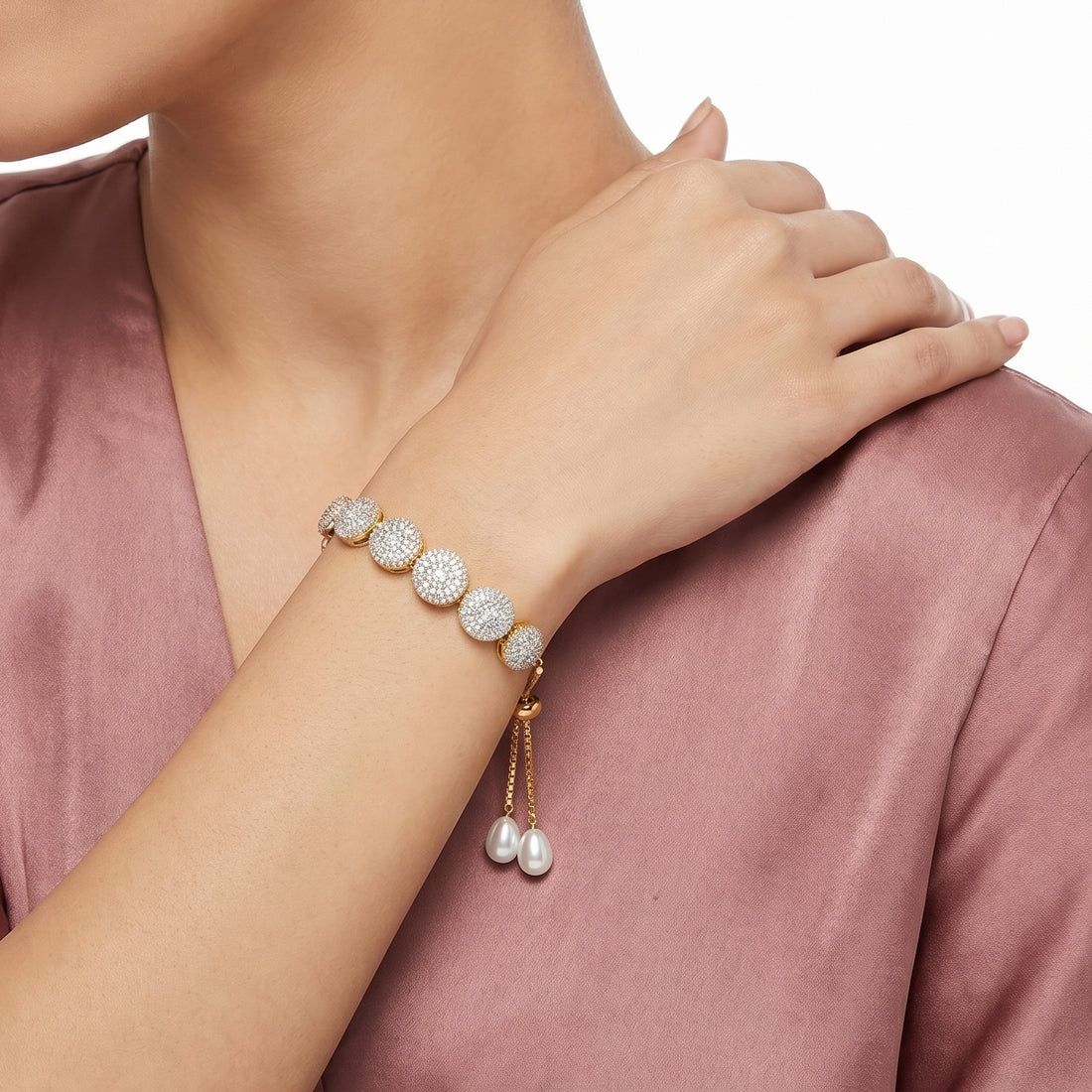 PRAO Bracelet Anti-Tarnish Bolo Crystal Spheres Faux Pearls (Adjustable Size)