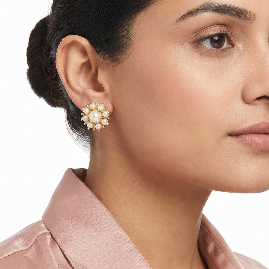 PRAO Earrings Anti-Tarnish Floral Sunburst Pearl Studs