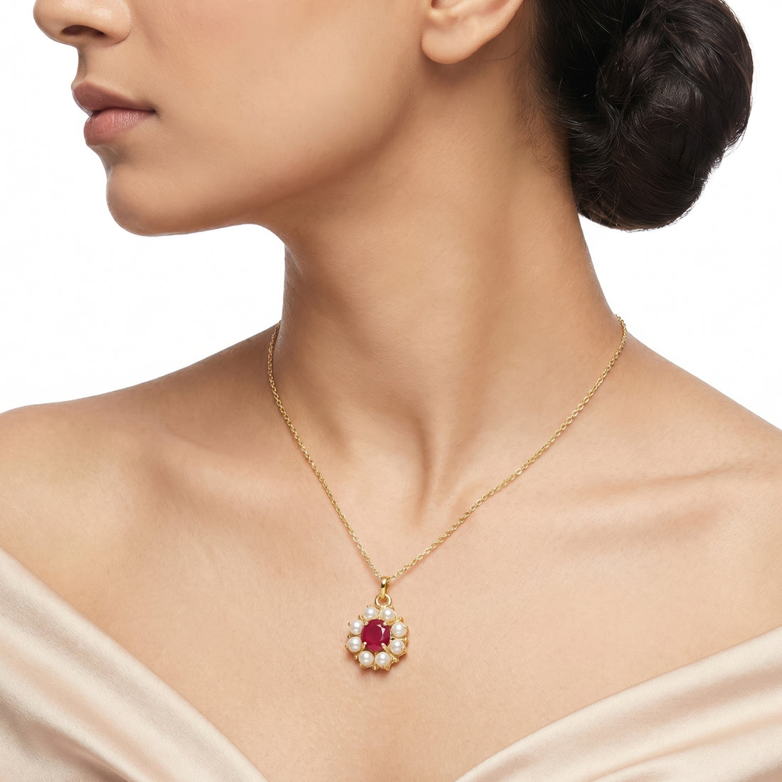 PRAO Necklace Anti-Tarnish Ruby Floral Pendant