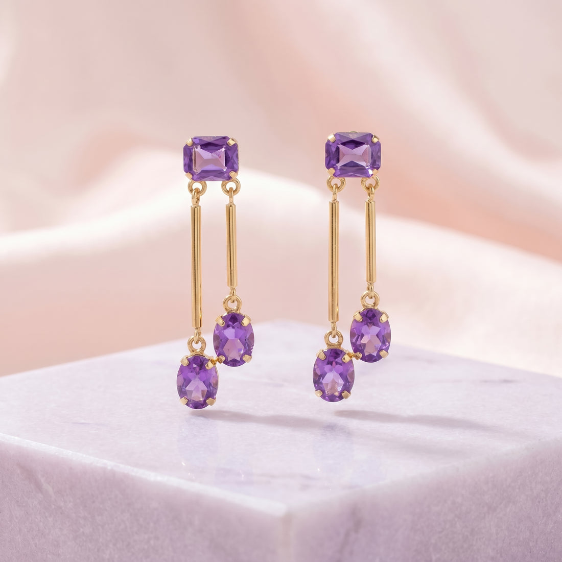 PRAO Earrings Anti-Tarnish Rectangle Purple Crystal Dangles