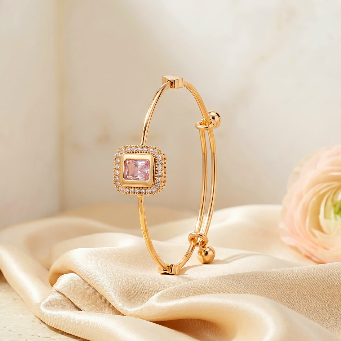 PRAO Bracelet Anti-Tarnish Champagne Emerald-Cut Crystal Halo (Adjustable Size)