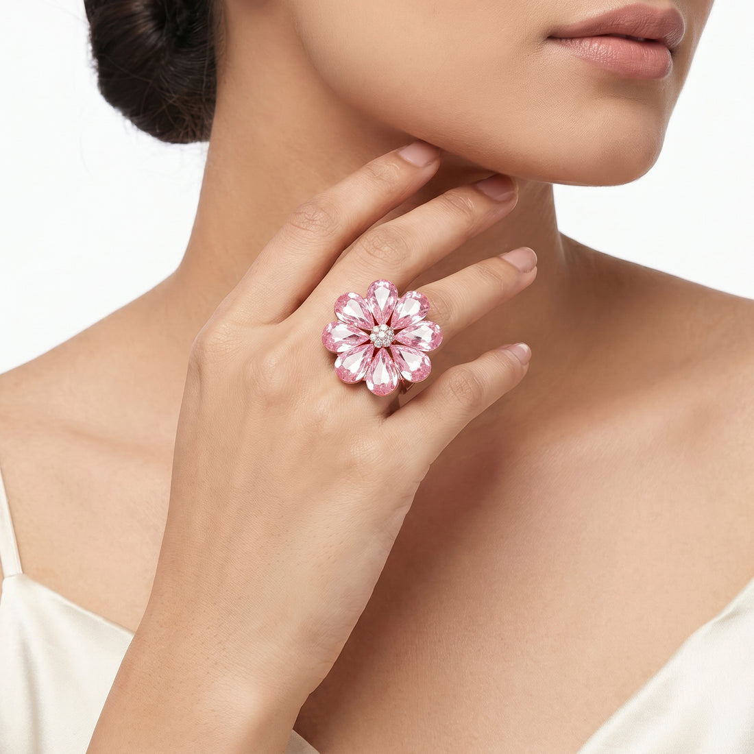 PRAO Ring Anti-Tarnish Pink Floral Crystal (Adjustable Size)