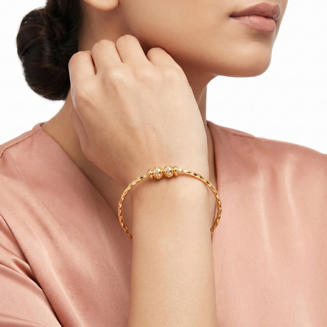 PRAO Bracelet Anti-Tarnish Textured Bangle Two Gold Beads (Adjustable Size)