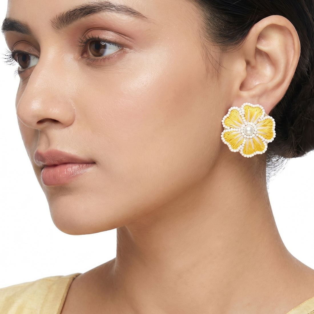 PRAO Earrings Anti-Tarnish Embroidered Yellow Floral