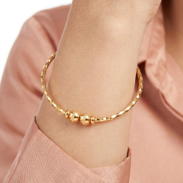 PRAO Bracelet Anti-Tarnish Textured Bangle Two Gold Beads (Adjustable Size)