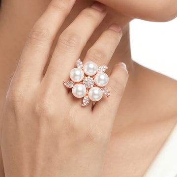 PRAO Ring Anti-Tarnish Pearl Floral Leaf (Adjustable Size)