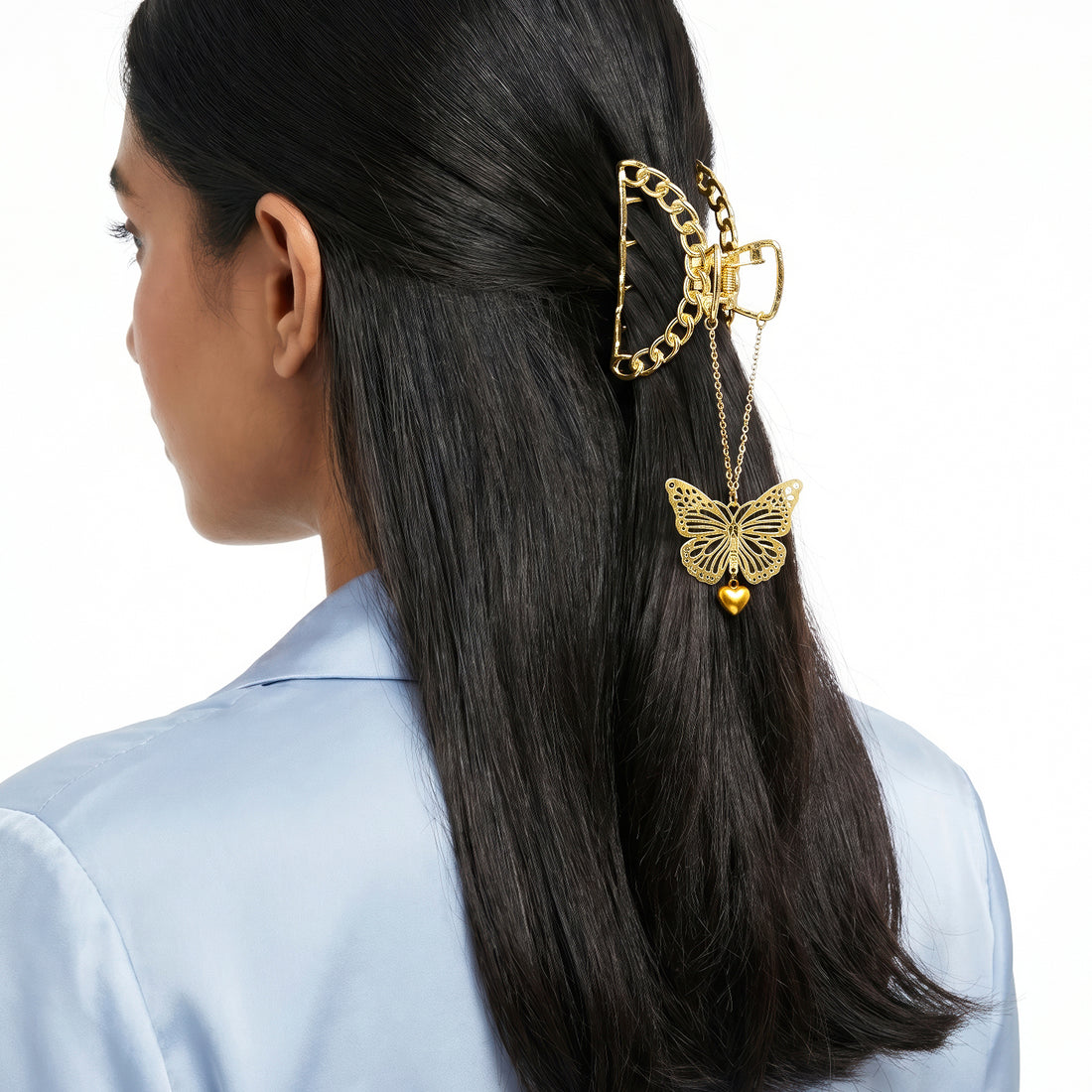 Prao Hair Claw Clip Anti-Tarnish Butterfly Chain-Link With Heart Pendant