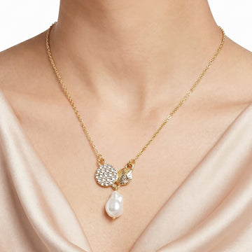 PRAO Necklace Anti-Tarnish Pavé Disc & Drop Pearl