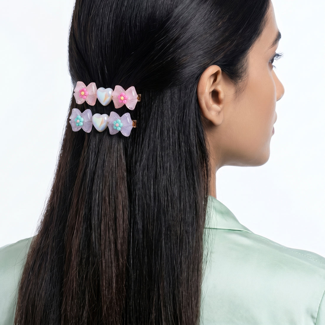 PRAO 2 Hair Clip Anti-Tarnish Pastel Peach Purple Pair Flower Heart Accent