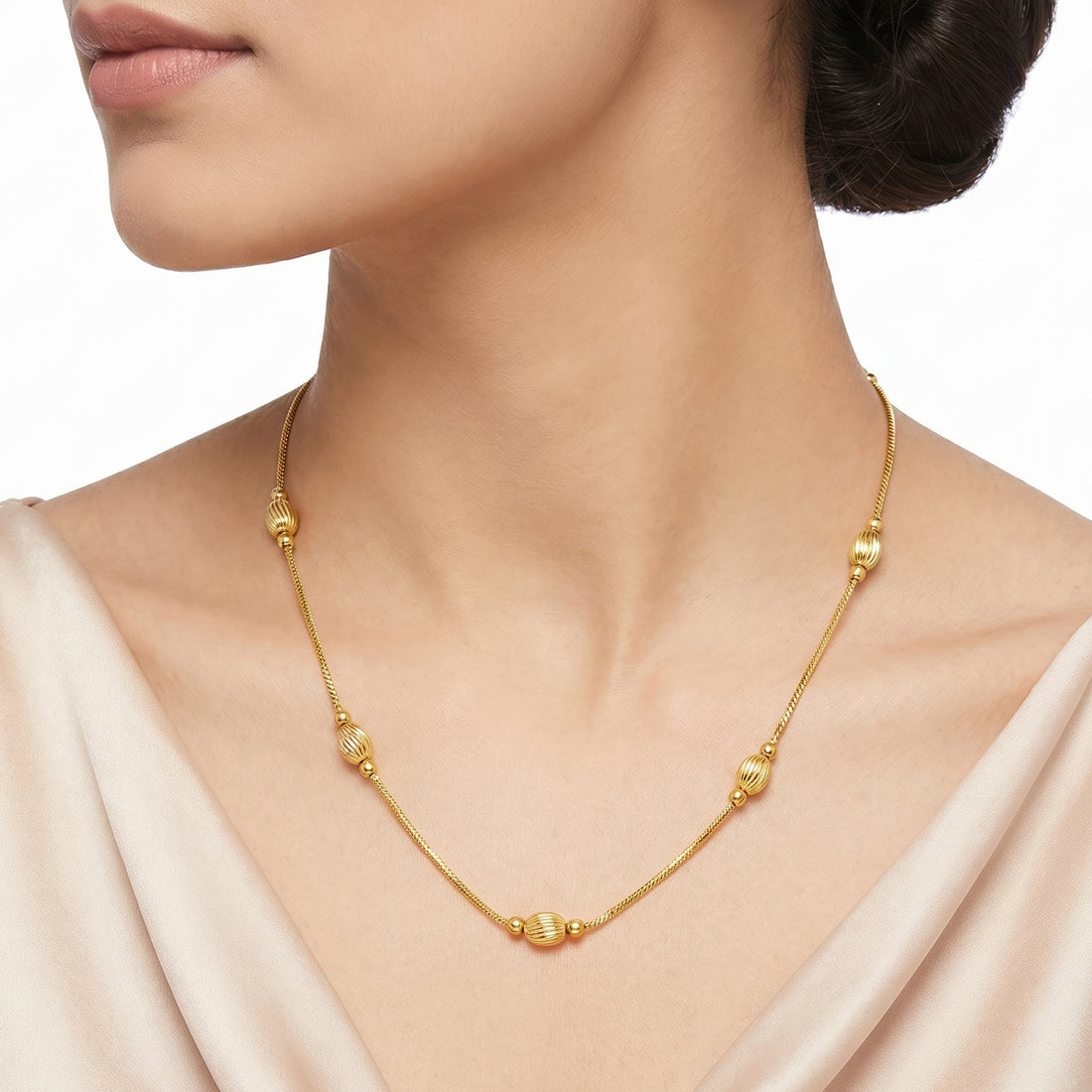 PRAO Necklace Anti-Tarnish Curb Chain With Oval Textured Beads